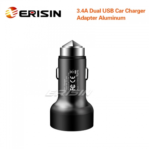 Erisin ES056 Car Charger Dual USB LED 3.4A For iPhone Al Alloy Cigarette Socket Safety Hammer